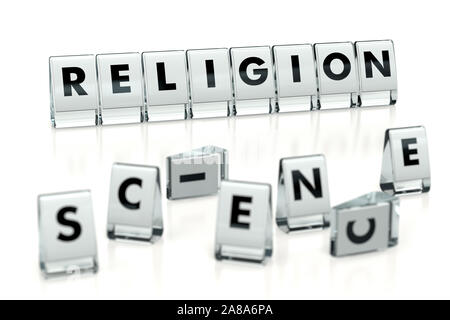 RELIGION Wort auf glänzenden Blöcke geschrieben und über unscharfe Bausteine mit Wissenschaft Briefe gefallen, auf weißem Hintergrund. Religion und religiöse Werte Stockfoto