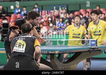 November 7, 2019, Tokyo, Japan: Patrick Franziska (L) und Timo Boll in Deutschland in Aktion gegen Koki Niwa und Maharu Yoshimura (R) von Japan während der Männer Teams Viertelfinale gegen bei der International Table Tennis Federation (ITTF) Team Wm Tokio 2019 an der Tokyo Metropolitan Gymnasium. Japan besiegt Deutschland 3-1. (Bild: © Rodrigo Reyes Marin/ZUMA Draht) Stockfoto