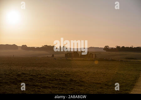 Rinder Schafe in Stonehenge bei Sonnenuntergang, einen Ring von stehenden Steinen, prähistorische Monument, Wiltshire, England, Großbritannien Stockfoto