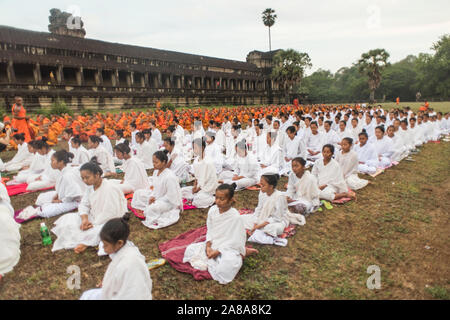 Eine große Gruppe von buddhistischen Mönchen und Nonnen während der Feier der Visak Bochea am Tempel Angkor Wat, Siem Reap, Kambodscha. Stockfoto