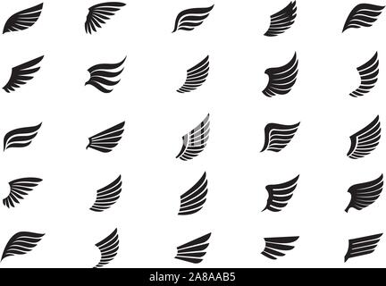 Satz von schwarzen Flügeln. Vector Illustration und Umrisse Symbole. Symbol der Freiheit. Fantasy logo Elemente. Stock Vektor