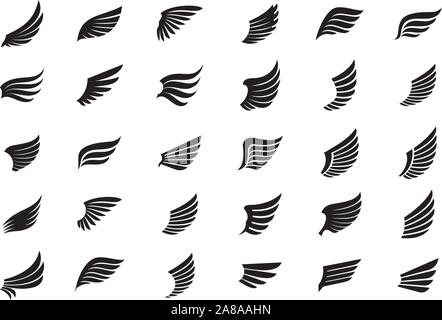 Satz von schwarzen Flügeln. Vector Illustration und Umrisse Symbole. Symbol der Freiheit. Stock Vektor