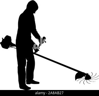 Silhouette Arbeitnehmer aus einem Garten schneidet Gras. Stock Vektor