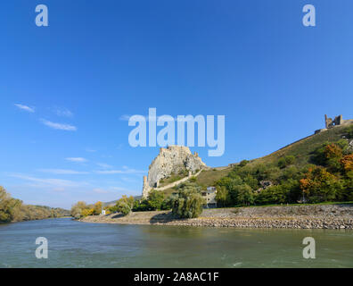 Bratislava (Pressburg): Donau (Donau), Burgruine Devín (Theben) in der Slowakei, Stockfoto