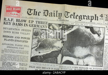 Die vordere Seite des Daily Telegraph (Nachbau), 18. Mai 1943, dem Tag nach dem Dam Busters Raid. Stockfoto