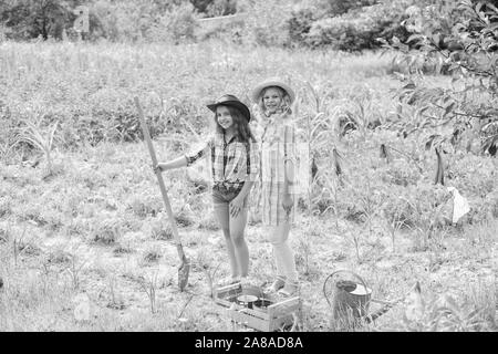 Landwirtschaft Konzept. Schwestern gemeinsam auf der Farm helfen. Anpflanzung von Gemüse. Anbau von Gemüse. Hoffnung für gute Ernte. Mädchen Pflanzen Pflanzen. Rustikale Kinder im Garten arbeiten. Anpflanzung und Bewässerung. Stockfoto