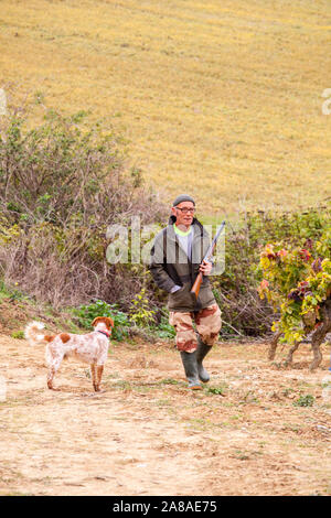 Der Franzose auf die Jagd mit einer Schrotflinte und seine Waffe Hund in die französische Landschaft in der Region Languedoc in Frankreich im Herbst Stockfoto
