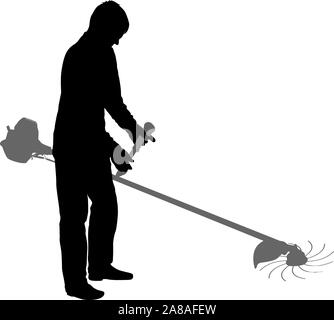 Silhouette Arbeitnehmer aus einem Garten schneidet Gras. Stock Vektor