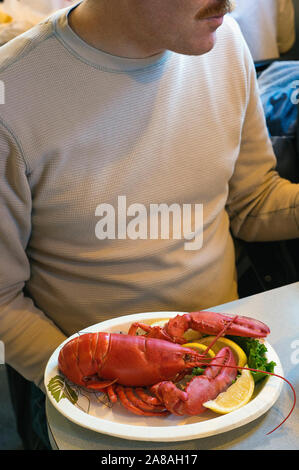 Ein Mann, der ein Lobster Dinner in Portland, Maine. Stockfoto