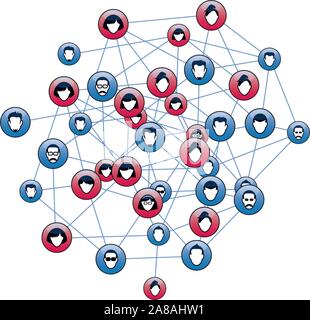 Satz von blauen Tasten für das Web. Menschliche Köpfe und silhuettes. Zwischenmenschliche ralations und Kommunikation. Vektor Kontur Abbildung und Symbole. Stock Vektor