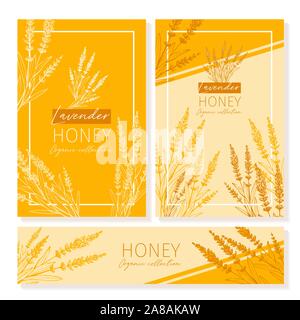 Honig vintage Banner Design. Graviert Lavendel Honig Blume mit Glas Honig jar und Drop. Hand orange Logo Vorlagen erstellt. Skizze zum Ausdrucken Plakat für das Branding oder Layout Design Stock Vektor