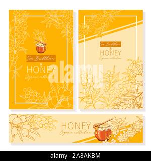 Honig vintage Banner Design. Graviert Sanddorn Honig Blume mit Glas Honig jar und Drop. Hand orange Logo Vorlagen erstellt. Skizze seaberry druckbare Plakat für das Branding oder Layout Design Stock Vektor