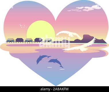 Herz beach resort Landschaft, mit weißen Vögel und Wolken, und Blue Dolphins. Sunset, Sunrise anzeigen. Vector Illustration. Stock Vektor