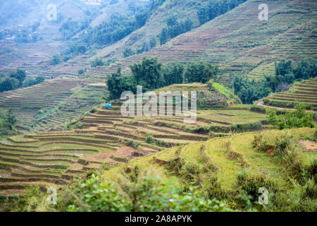 Schöne Aufnahme von Sapa und die umliegenden Berge im Norden Vietnams während eines bewölkten Tag im Herbst 2019 Stockfoto