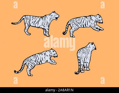 Tiger wild cat Vektor einrichten. Hellblau Bengal Tiger Tiere Symbole für Print- oder Tattoo Design. Handgezeichneten Freehand Zoo Abbildung. Kunst Zeichnung von isolierten Zirkustier Stock Vektor