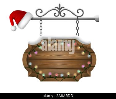 Weihnachten Holz- Schild mit Schnee, bunte Lichter und Santa Claus hat Stock Vektor