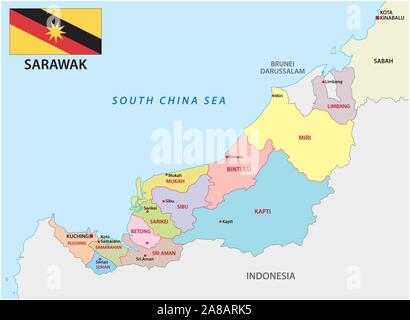 Administrative und politische Karte Der malaiische Division Sarawak mit Fahne Stock Vektor