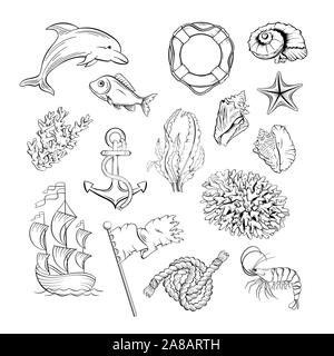 Marine Schwarz-weiss Abbildungen eingestellt. Flora, Fauna und Segeln attribute Hand gezeichnet Kugelschreiber Symbole pack. Sealife, ocean Wild, Fisch und Muscheln dekorative Strichzeichnungen Stock Vektor