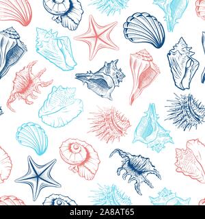 Muscheln und Seesterne Vektor nahtlose Muster. Marine Life Kreaturen farbigen Zeichnungen. Seeigel freehand skizzieren. Unterwasser Tiere Gravur. Tapeten, Geschenkpapier, textile Design Stock Vektor