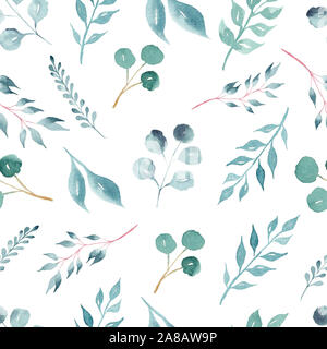 Grünes Laub auf den Ästen aquarell Raster nahtlose Muster. Frische Blätter aquarelle Abbildung. Dekorative Kräuter Textur. Botanische, eco Hintergrund Stockfoto