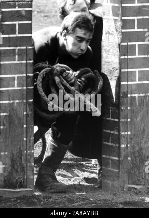 AJAXNETPHOTO. 1984. GOSPORT, England. - Feld GUN TRAINING gepresst - Fleet Air Arm BEREICH GUN TEAM DRÜCKT DURCH DIE WAND WÄHREND DER PRAXIS FÜR DAS EARLS COURT, LONDON, ROYAL TURNIER KONKURRENZ AN IHRE AUSBILDUNG an der HMS DAEDALUS. Foto: Jonathan Eastland/AJAX REF: 1984 4 Stockfoto