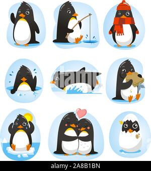 Pinguin set Vektor-Illustration mit den Pinguinen in verschiedenen Situationen wie tanzen, Angeln, Winter, Schwimmen, Essen, in Love Kollektion. Stock Vektor