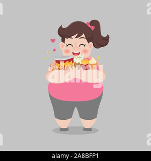 Big Fat glücklich Frau genießen Junk food Healthcare Konzept cartoon gesund Charakter Flachbild vektor design Essen. Stockfoto