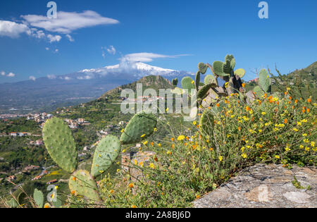 Taormina - der Weg zu den Frühling mediterranen Blumen und der Mt. Vulkan Ätna. Stockfoto