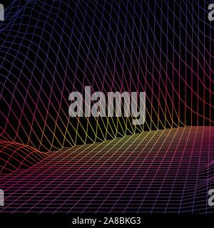 Landschaft mit Drahtmodell- Raster von 80s Retro computer spiel oder Wissenschaft Hintergrund 3D-Struktur mit Heat Map Farbe und Berge gestaltete Stock Vektor