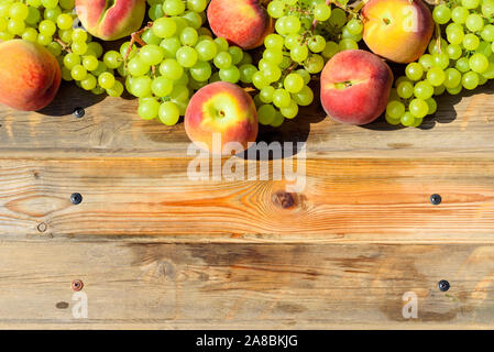 Die ersten Früchte habikkurim in Hebräisch und weißen Käse auf dem Holztisch. Symbole der jüdische Feiertag - Schawuot. Weintrauben und Pfirsiche auf Holz rustikale Hintergrund. Stockfoto