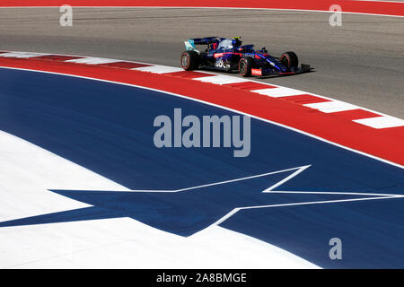 Toro Rosso Formel 1-Fahrer Pierre Gasly Festplatten in einem freien Training, 2019 United States Grand Prix im Stromkreis des Nord-, Mittel- und Südamerika, Austin, Texas Stockfoto