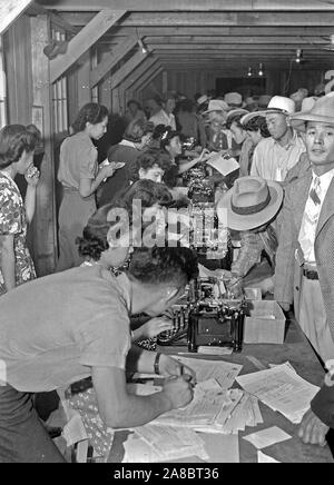 Poston, Arizona. Umsiedler von japanischen Vorfahren werden bei der ersten Ankunft in diesem Krieg Relocation Authority Center 5/10/1942 registriert Stockfoto