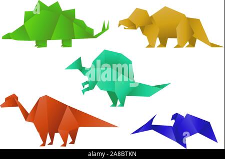 Satz von fünf Farbe Papier Origami Dinosaurier Sammlung Vector Illustration. Stock Vektor
