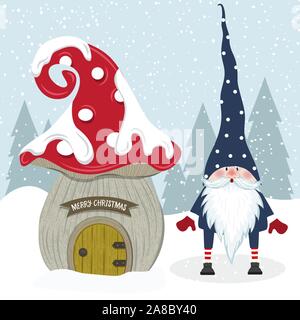 Süße Weihnachten gnome und ihr Pilz Haus. Flache Bauform. Stock Vektor