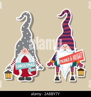 Weihnachten Aufkleber Sammlung mit niedlichen Zwerge und Wünsche. Flache Bauform Stock Vektor