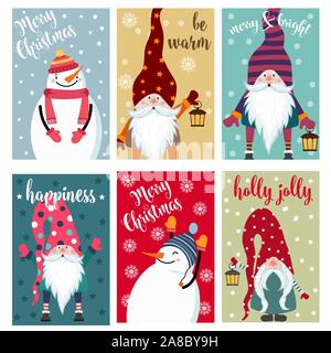 Weihnachtskarte mit Schneemann und Gnome. Labels. Aufkleber. Flache Bauform Stock Vektor