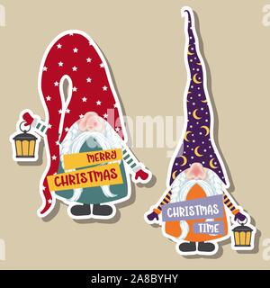 Weihnachten Aufkleber Sammlung mit niedlichen Zwerge. Flache Bauform Stock Vektor