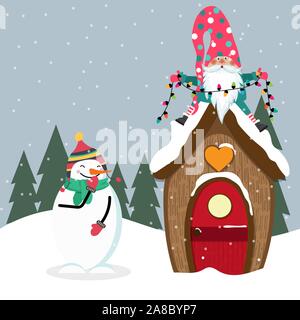 Lustige Weihnachtskarte mit gome und Schneemann Stock Vektor