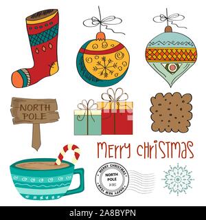 Hand zeichnen Weihnachtsartikel Sammlung auf weißem Hintergrund. Vektor Stock Vektor