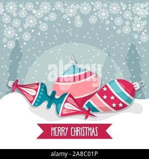 Weihnachtskarte mit Kugeln. Weihnachten Hintergrund. Flache Bauform. Vektor Stock Vektor
