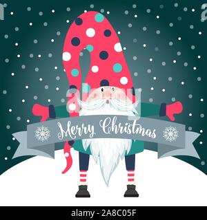 Weihnachtskarte mit cute gnome und Wünsche. Flache Bauform. Vektor Stock Vektor