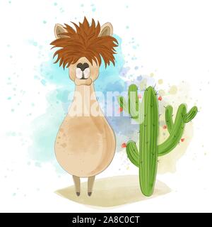 Aquarell Lustig Lama in der Nähe von Kaktus Stock Vektor