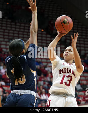 Bloomington, USA. 07 Nov, 2019. Indiana Hoosiers Jaelynn Penn (13) spielt gegen Mt. St. Mary's College Basketball Spiel der NCAA Frauen an Simon Skjodt Montagehalle in Bloomington. (Endstand; Indiana University 75:52 Mt. St. Mary's) Credit: SOPA Images Limited/Alamy leben Nachrichten Stockfoto