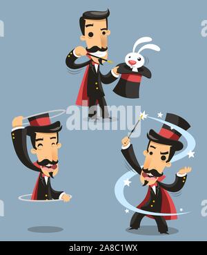 Zauberer Magic Trick Leistung, mit Kaninchen, magischer Trick, aussehen. Vector Illustration Cartoon. Stock Vektor