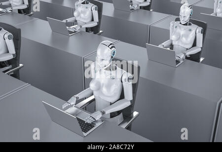 Automation Büroangestellter Konzept 3D Rendering Group der weiblichen cyborgs oder Roboter arbeiten auf dem computer notebook Stockfoto