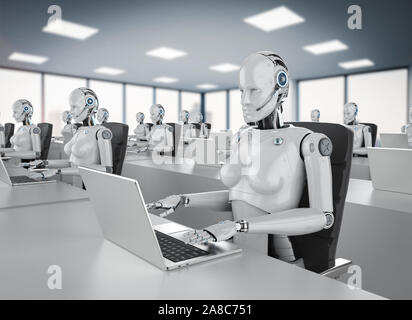 Automation Büroangestellter Konzept 3D Rendering Group der weiblichen cyborgs oder Roboter arbeiten auf dem computer notebook Stockfoto