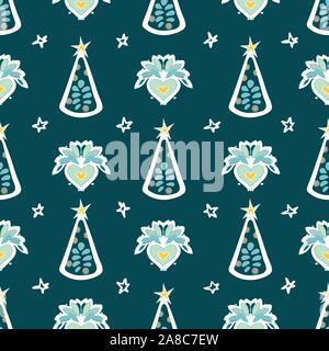 Weihnachten Volkskunst herzen Weihnachtsbaum Hand gezeichnet nahtlose Hintergrund. Petrol grün Rapport mit Weihnachtsbaum. Nett für den Druck. Vector Hintergrund, Illustration. Frohes neues Jahr. Winter Stock Vektor