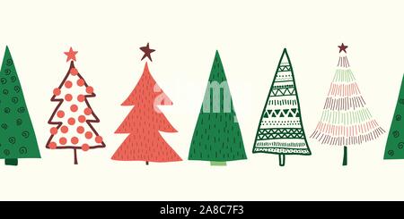 Weihnachtsbäume vektor Grenze. Nahtlose Muster Hand gezeichnet doodle Bäume grün rot. Dekorative Winterurlaub Skizze Design für Bänder, Karte Stock Vektor