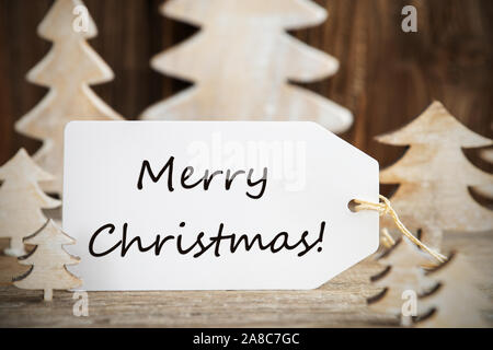Weihnachtsbaum, Label mit englischem Text Frohe Weihnachten Stockfoto