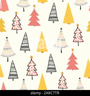 Weihnachten doodle Bäume vector Hintergrund. Nahtlose Muster Hand gezeichnet. Dekorative urlaub Hintergrund. Winter Design gold orange rosa weiß für Stock Vektor